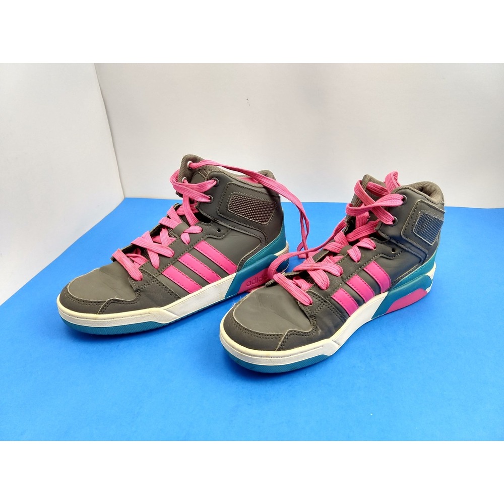Adidas High Top Basketball Shoes Kids Size 5.5 Grey Pink Blue BB9958